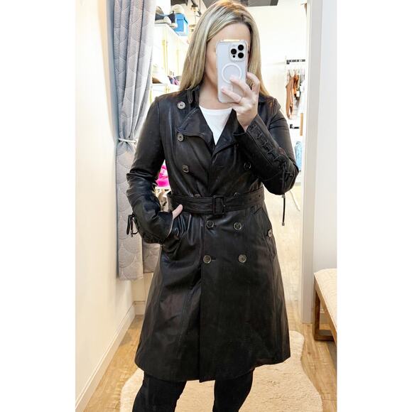 Burberry 100% Lambskin Leather Belted Double Breasted Trench Coat